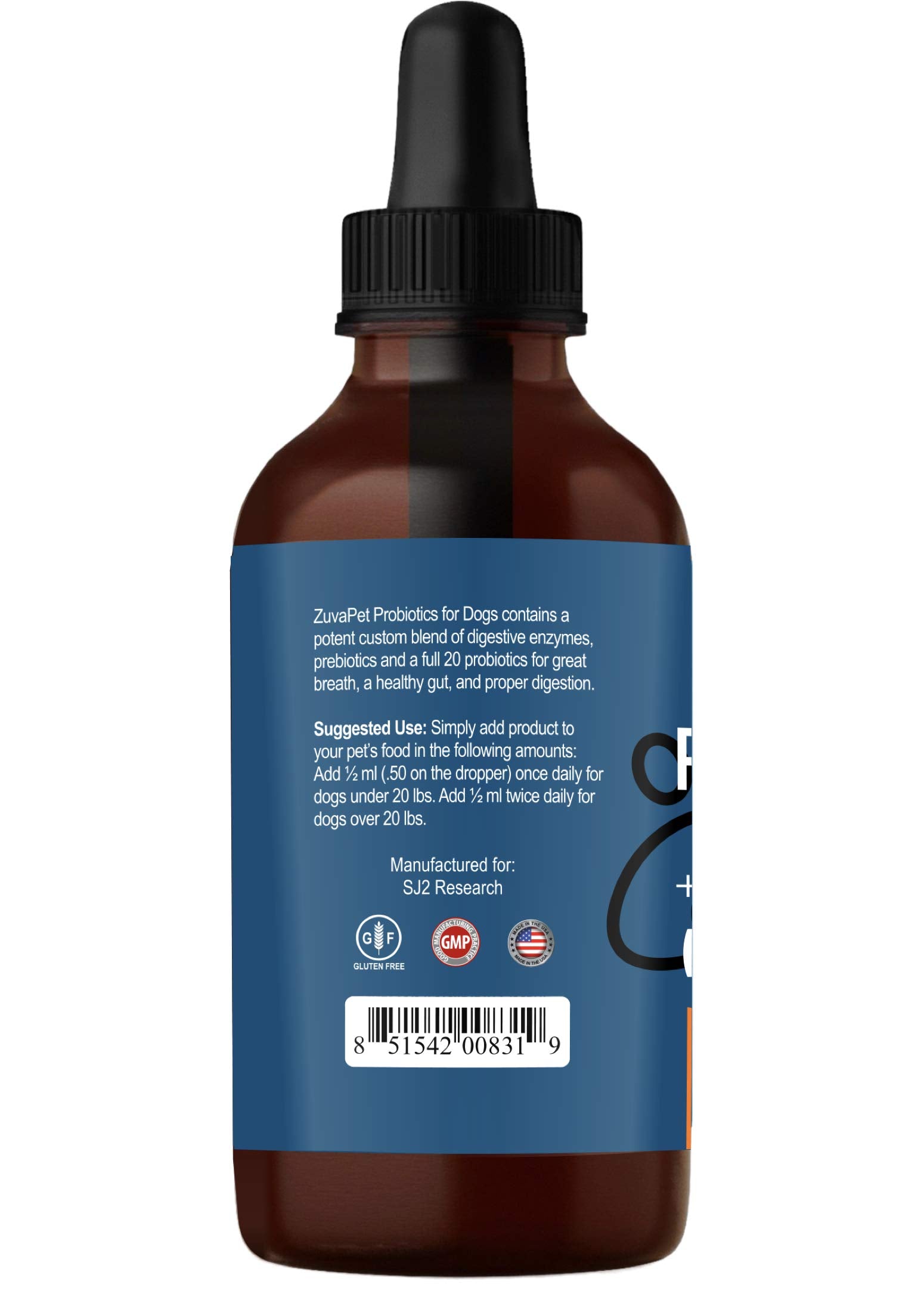 ZuvaPet Probiotics bottle back label noting 120 servings for ongoing use.
