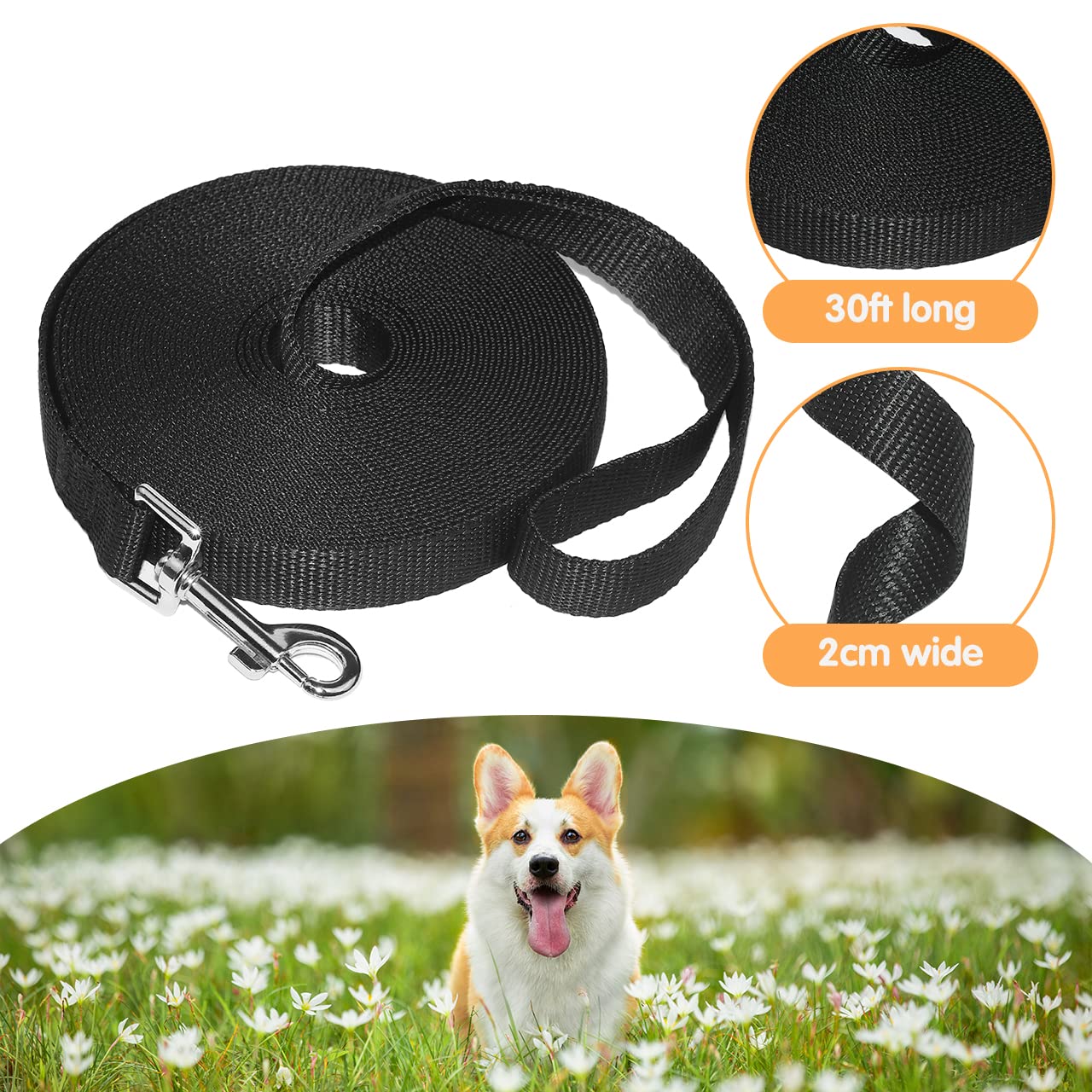 ZUZUAN 30ft obedience leash stitching closeup demonstrates reinforced joint for long-lasting recalls