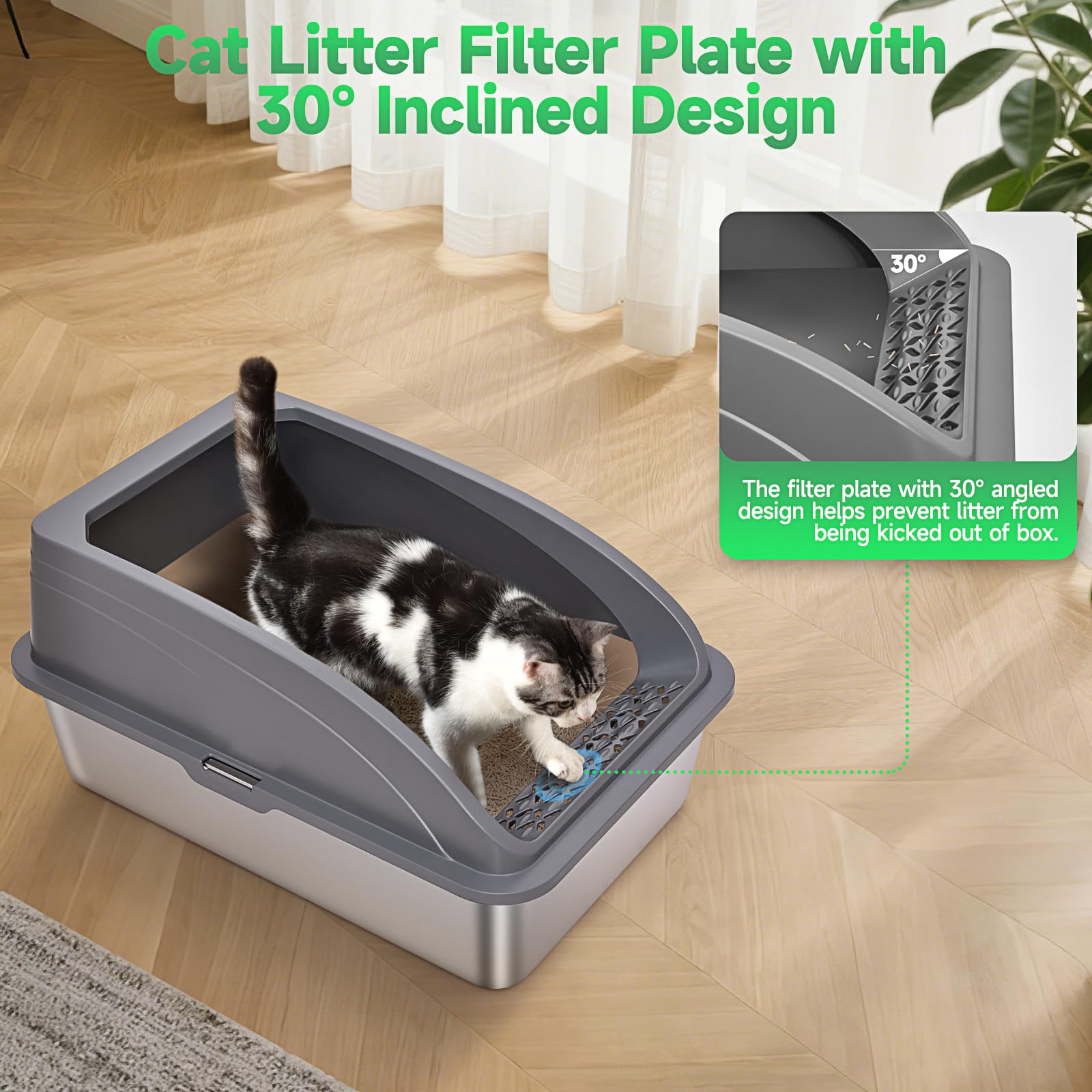 ZVBEK 12-inch high-walls litter box emphasizes spill containment and privacy.