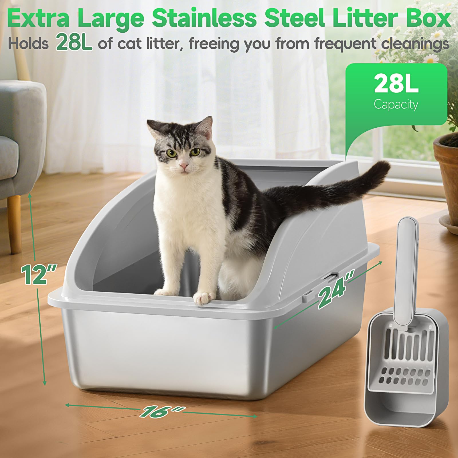 ZVBEK stainless steel litter box non-stick surface aids easy cleaning.
