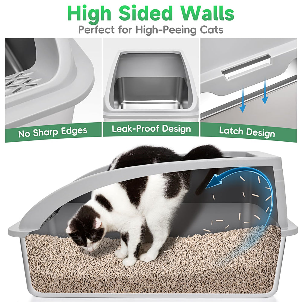 ZVBEK XL stainless steel litter box side view highlights high walls and containment.