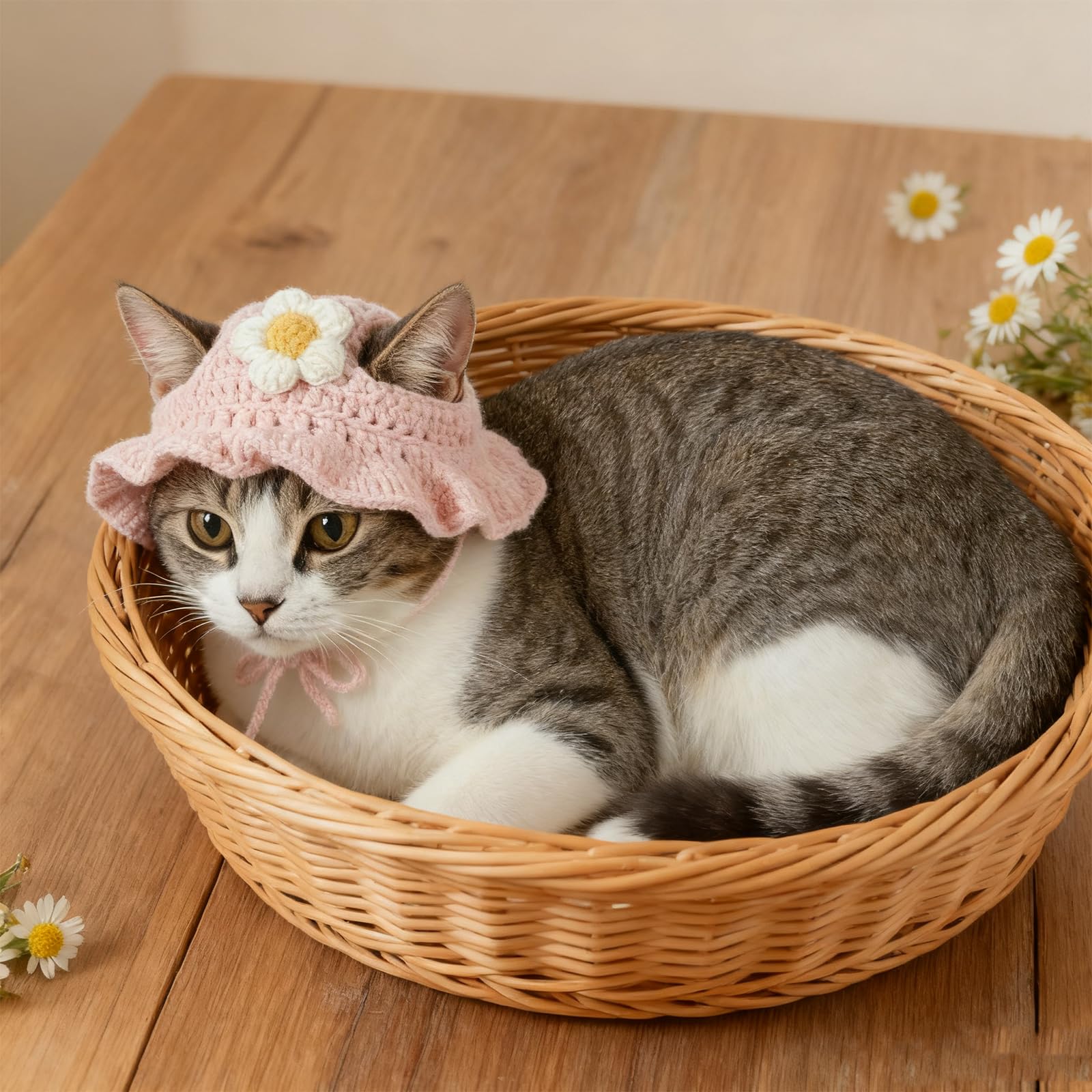 Zyghjort pink crochet cat hat on a pet with ears visible for cosplay