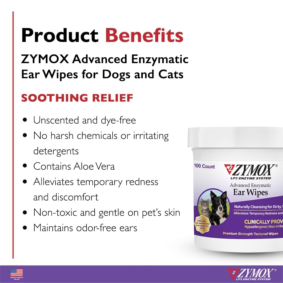 Zymox Advanced Ear Wipes label highlights LP3 enzyme system for gentle cleaning