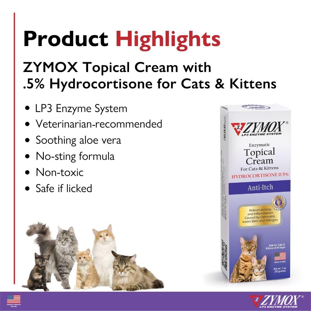 ZYMOX Cat Cream 1oz label close-up highlighting hydrocortisone content