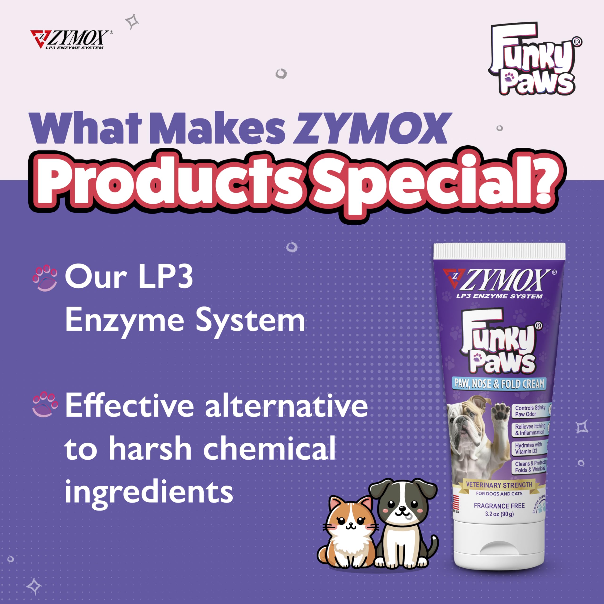 Zymox Funky Paws skin-fold care - soothing care for wrinkles and odor reduction.