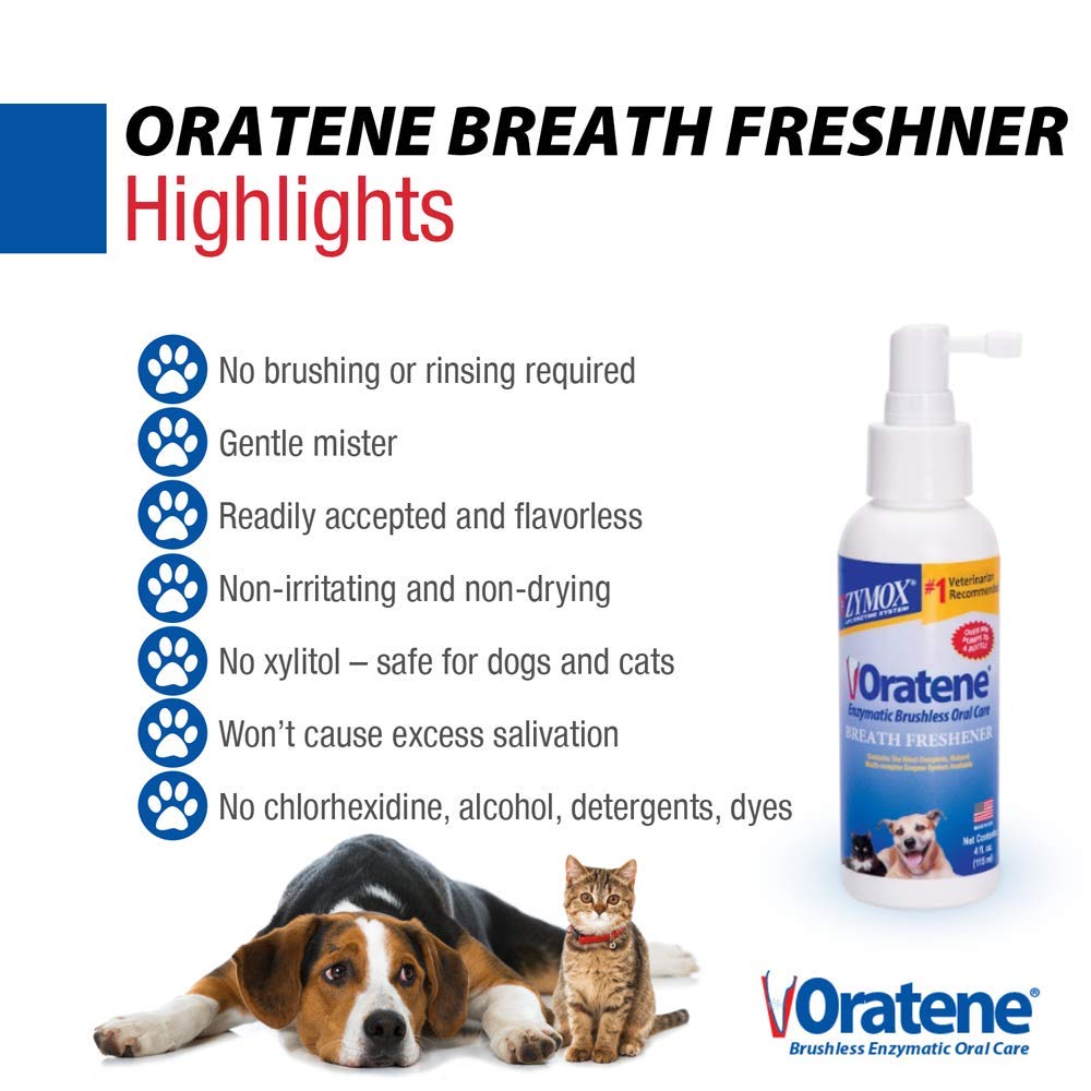 Zymox Oratene dogs cats mouth spray application shows convenient, brush-free oral care