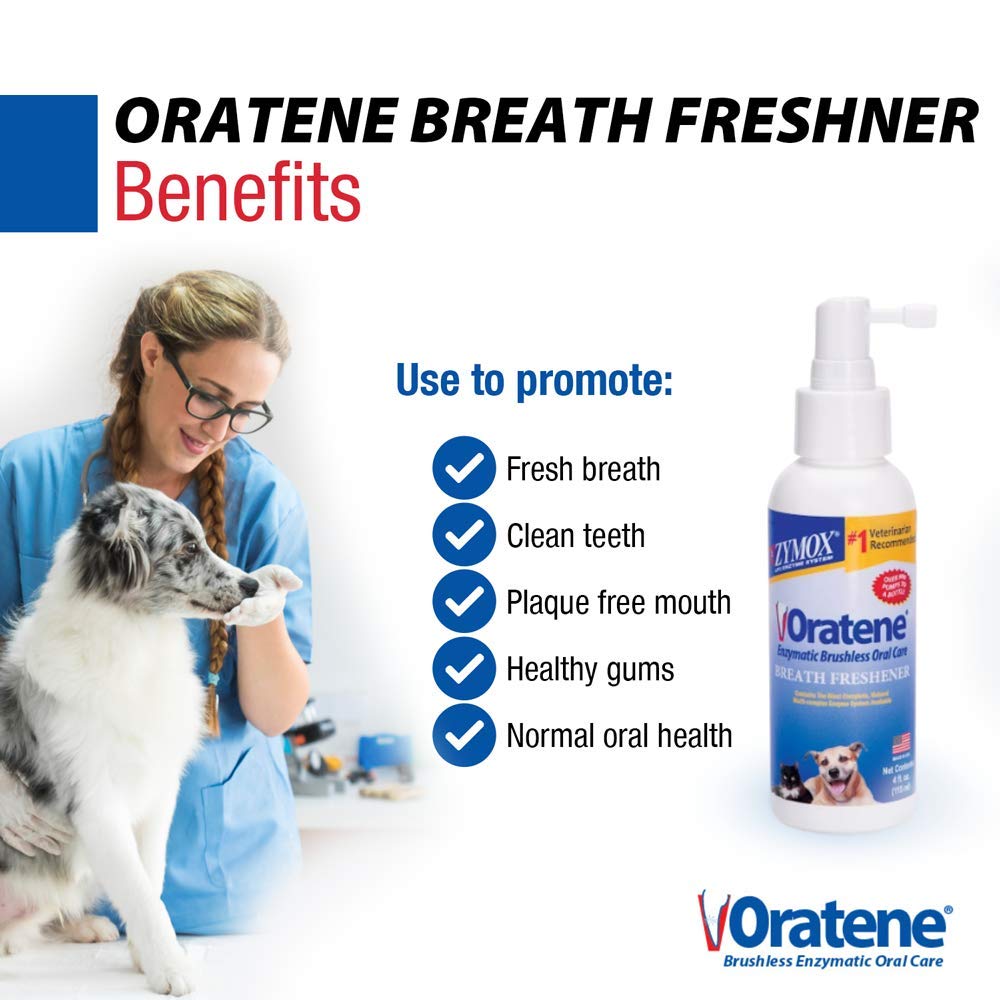 Zymox Oratene spray on teeth gums closeup demonstrates targeted fresh breath application