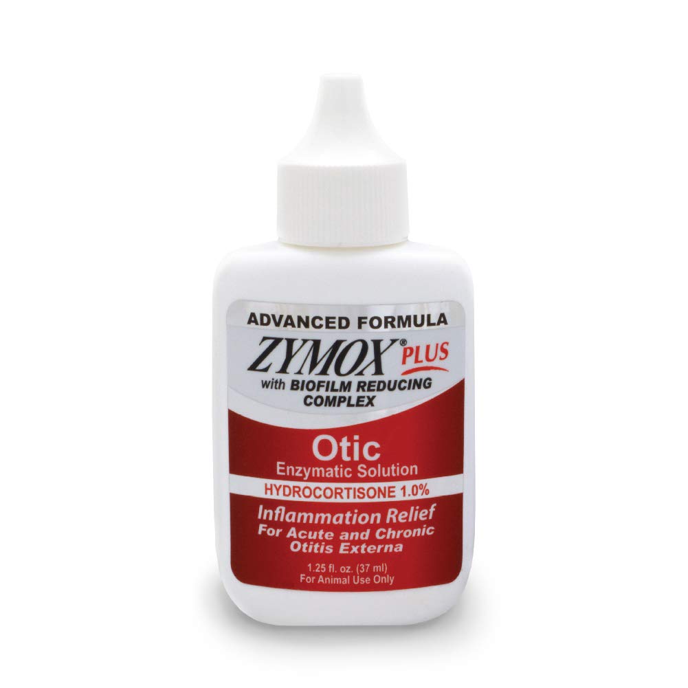 Zymox Otic Plus bottle promotes gentle ear care for dogs and cats.