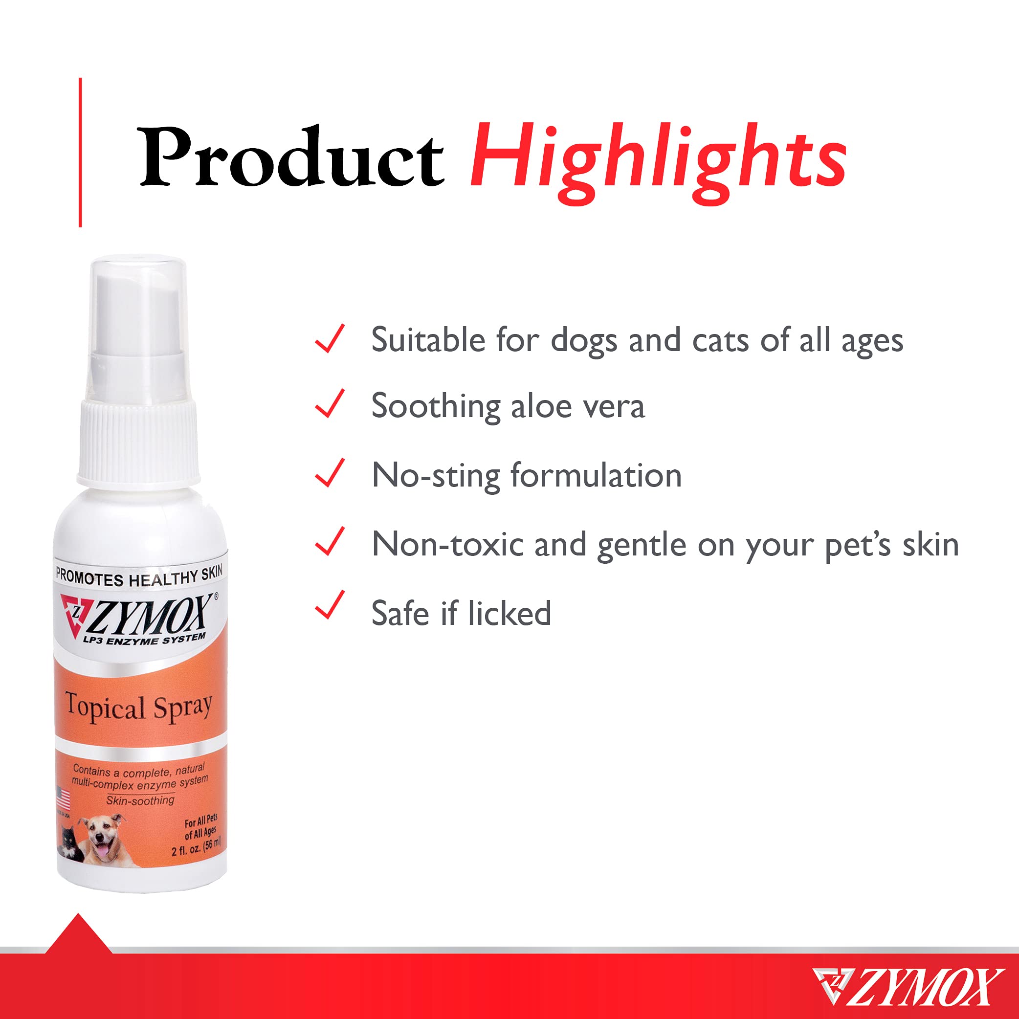 Zymox Pet Spray label front showing hydrocortisone-free claim