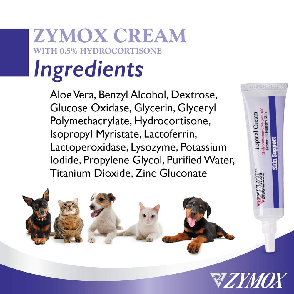 Zymox topical cream applied to a pet's face and paws for sensitive areas.