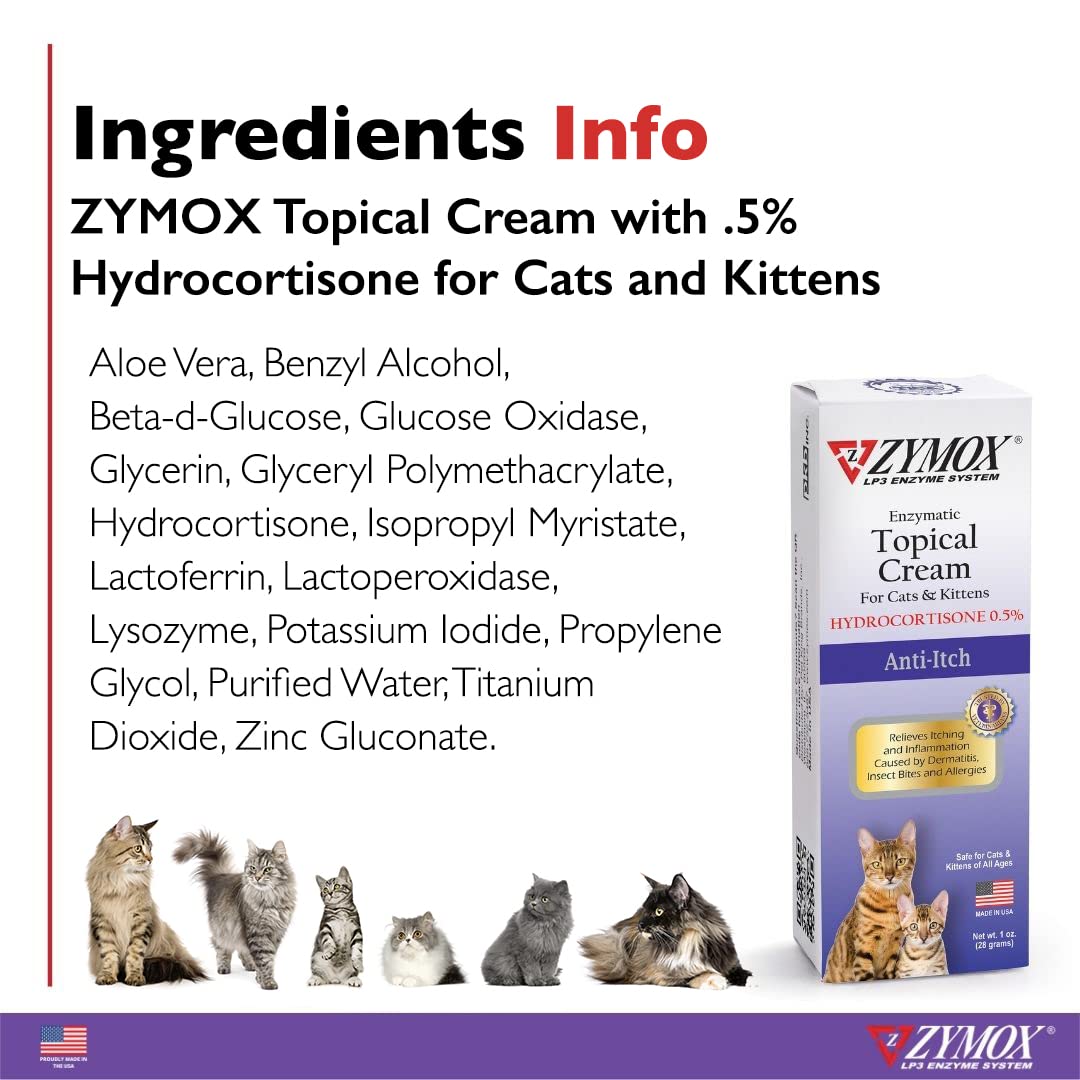 ZYMOX Cat Cream packaging showing USA-made and cruelty-free status