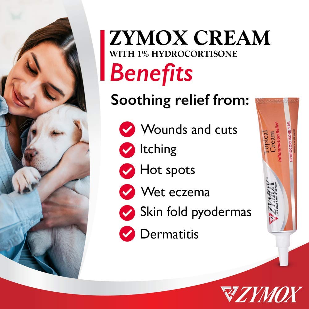 Zymox veterinarian-strength topical cream 1oz tube closeup label highlights hydrocortisone for itching relief