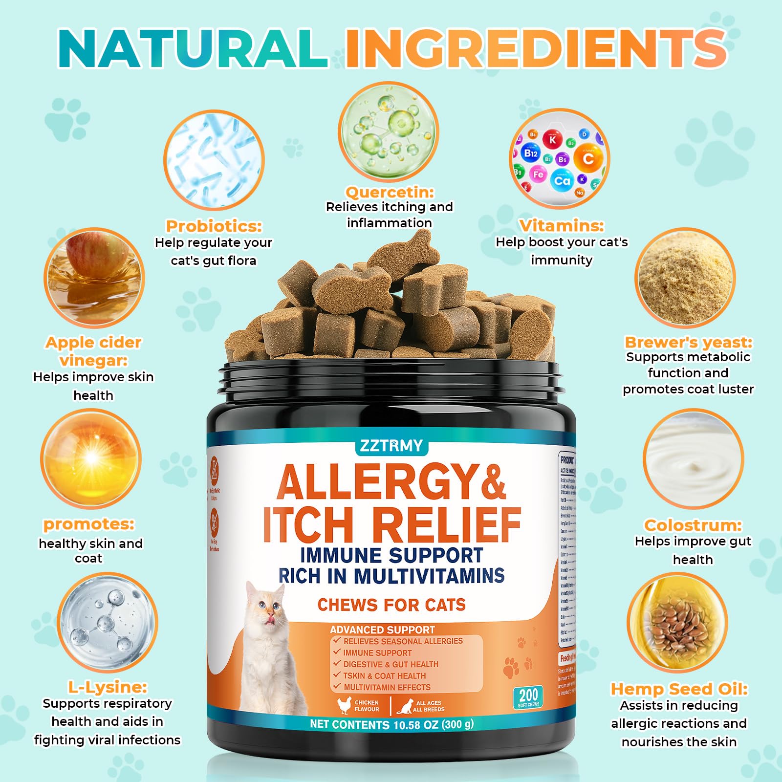 ZZTRMY cat allergy relief chews omega-3 and probiotics support skin